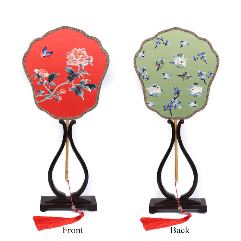 Elegant Double-Sided Embroidered Round Fan - Handmade Su Embroidery on Xiangfei Bamboo