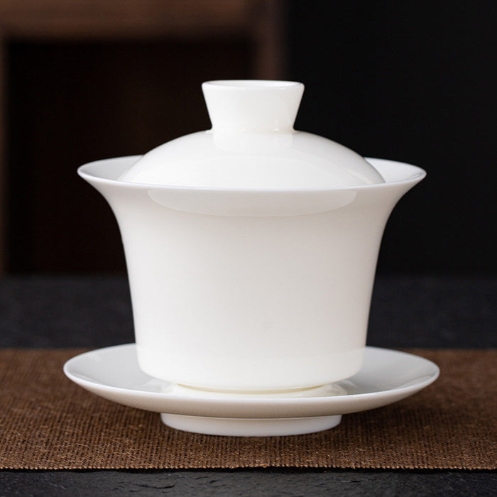 Dehua Blanc de Chine Three-Element Gaiwan - Mutton Fat Jade Porcelain Gongfu Tea Bowl with Lid & Saucer
