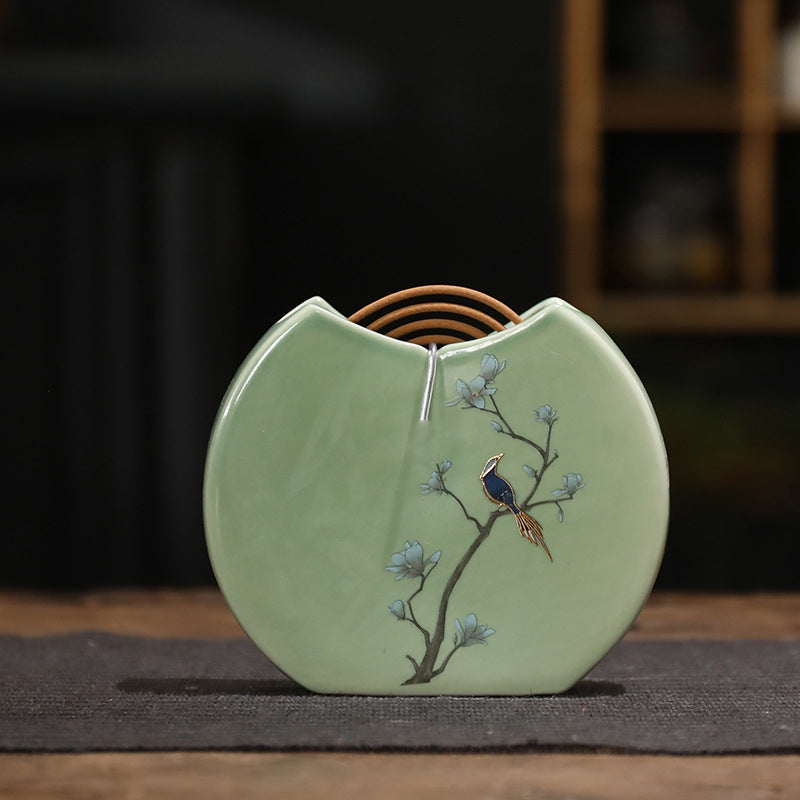 Persimmon-Themed Ceramic Incense Burner - Mini Round Fan Design for Coil Incense (11.5x10x2.2cm, 180g)