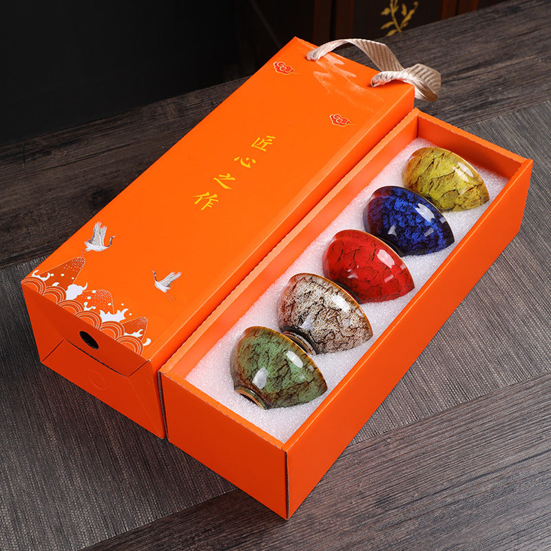 Jian Zhan Tea Cups Set – Natural Glaze Transformation, Dragon Egg & Bamboo Hat Cups, Ceramic Gongfu Tea Set with Gift Box