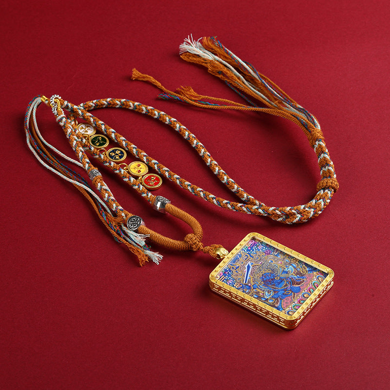 Gold Accented Mahakala Thangka Pendant - Tibetan Protector Deity Necklace