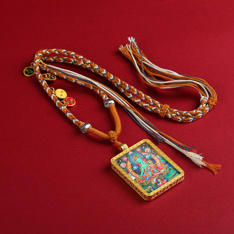 Gold-Finished Hand-Painted Green Tara Thangka Pendant Necklace
