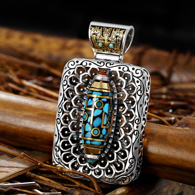 Retro Turquoise Pendant with Rotating Dzi Bead – "Ten Thousand Buddhas" Spiritual Necklace
