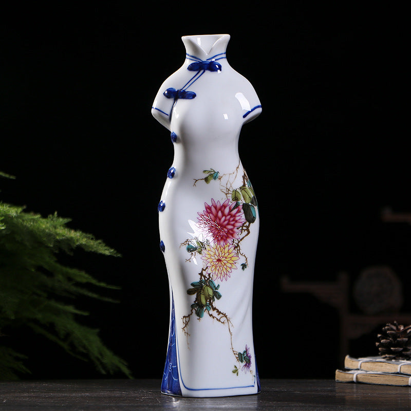 Jingdezhen Hand-Painted Porcelain Vases - Qipao-Inspired Home Decor (3 Floral Designs: Peony/Magnolia/Chrysanthemum)