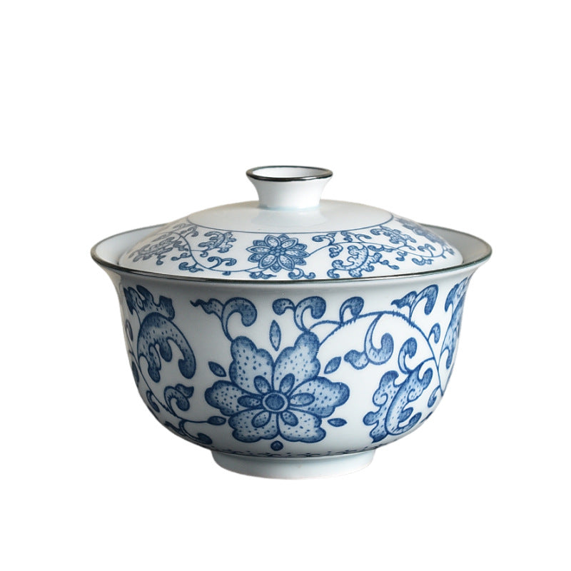 Oversized Blue & White Lidded Tea Bowl - 450ml Ceramic Gongfu Tea Set (Two Pattern Options)