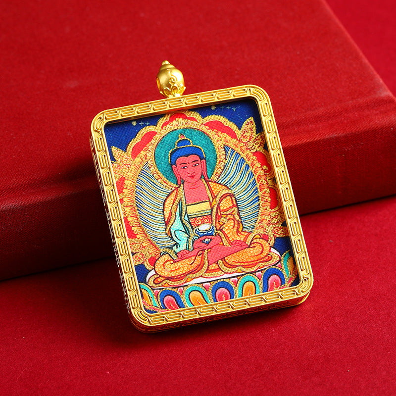 Portable Buddhist Thangka Pendant - Double-Sided Dragon Deity Amulet with Gold Accents - Eight Protector Deities Amulet Box