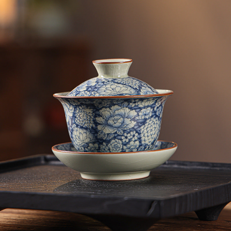 Ru Kiln Blue-and-White Gaiwan - 200ml Three-Element Tea Set (10.4cm Diameter, 9.7cm Height, Crackle Glaze)