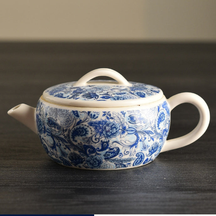 Plant Ash Glaze Hanwa Teapot - Small Ceramic Gongfu Teapot with Blue & White Design (140ml, 12.5x5.5cm)