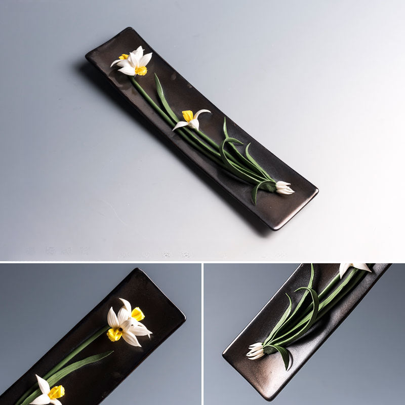 Handmade Floral Ceramic Incense Holder – Home Zen Aromatherapy Burner for Sticks (Includes Free Sandalwood)