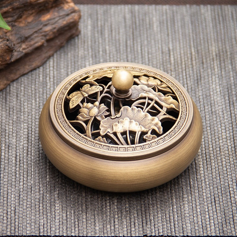 Antique Style Brass Incense Burner for Home - Engraved Incense Ceremony Accessory for Seal or Coil Incense