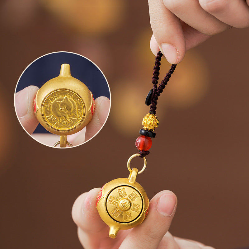 Unique Rotating Zodiac alloy Teapot Keychain with Lucky Geometric Pendant, Carry Your Fortune with You