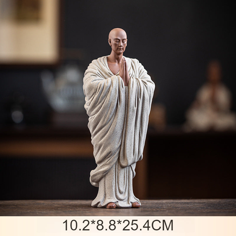 Zen Purple Clay Monk Figurines - Set of 6 Handcrafted Buddhist Statues for Tea Table & Home Decor