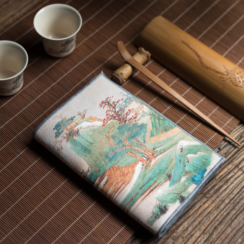 Chinese Style Tea Towel – Thick Absorbent Tea Mat with Landscape Design (35x17.5cm)