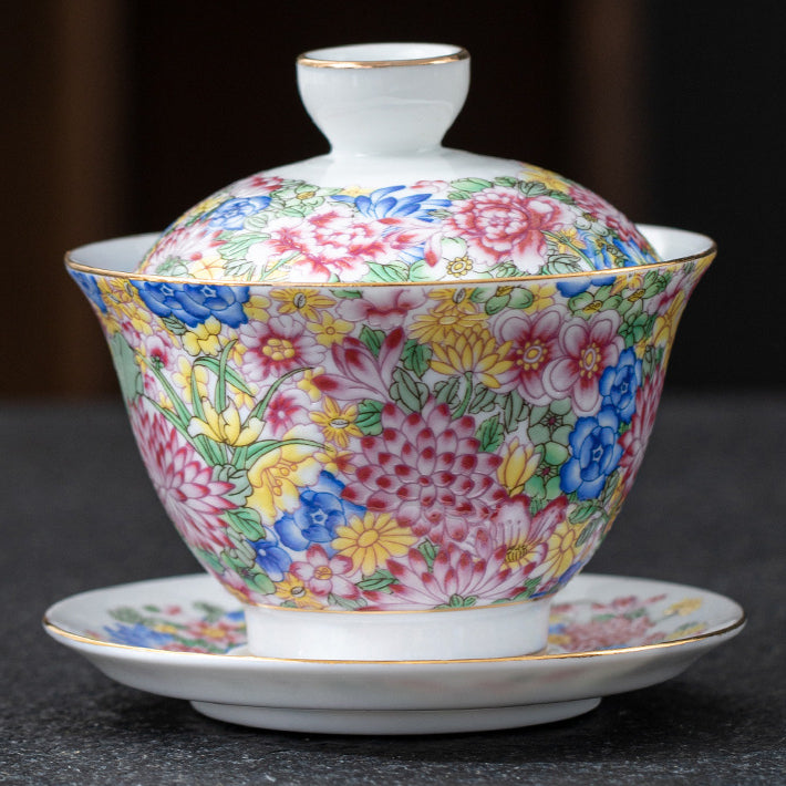 Imperial Style Cloisonné Gaiwan - Handcrafted Enamel Three-Element Tea Bowl with Gold Trim (190ml Capacity)