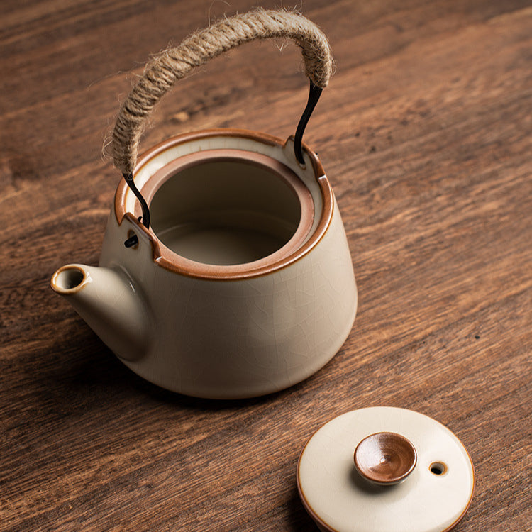 Yellow Ru Kiln Arch-Handle Teapot - Handcrafted Crackle Glaze Ceramic (250ml, 13x14cm)