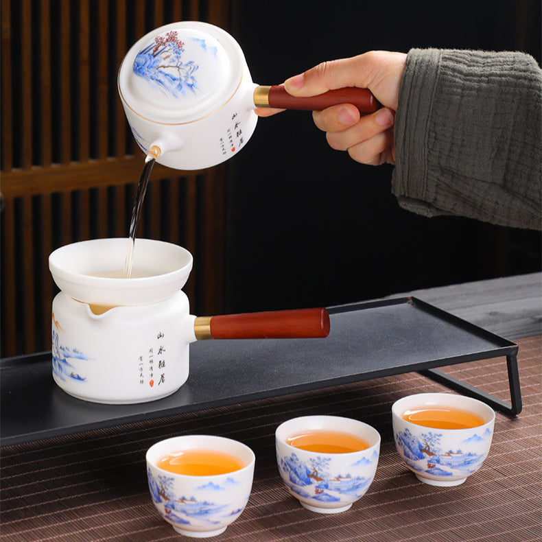 Hand-Painted Blanc de Chine Tea Set – Jade-Like Glazed Porcelain with Landscape Pattern, Side-Handle Teapot, Cups & Gift Box