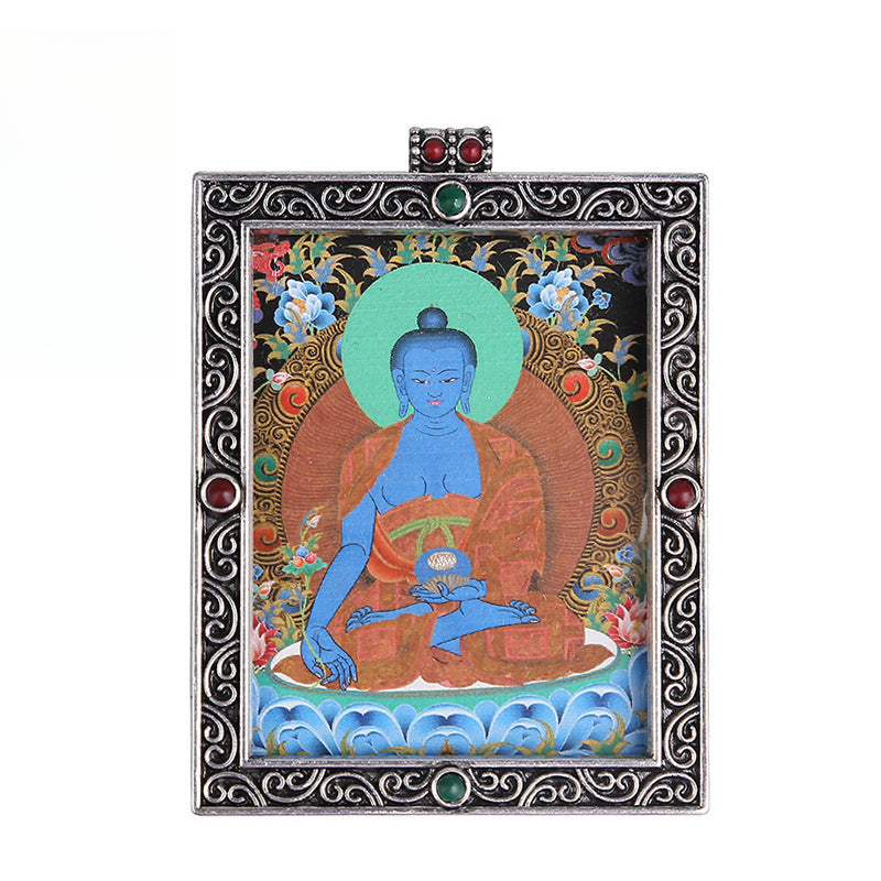 Metal Mini Thangka Box Pendant – Nepalese Wealth God, Green Tara & Four-Armed Avalokiteshvara Silver Pendant