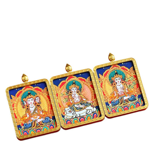 Portable Buddhist Thangka Pendant - Double-Sided Dragon Deity Amulet with Gold Accents - Eight Protector Deities Amulet Box