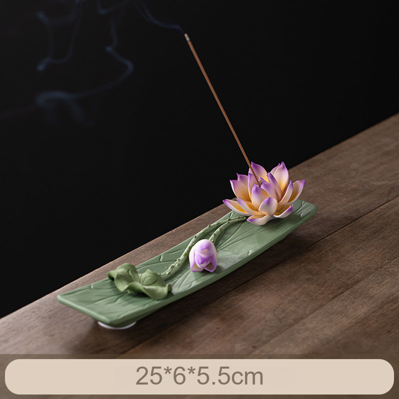 Handmade Ceramic Lotus Incense Holder - Flat-Lying Zen Decor for Tea Table with Non-Slip Base