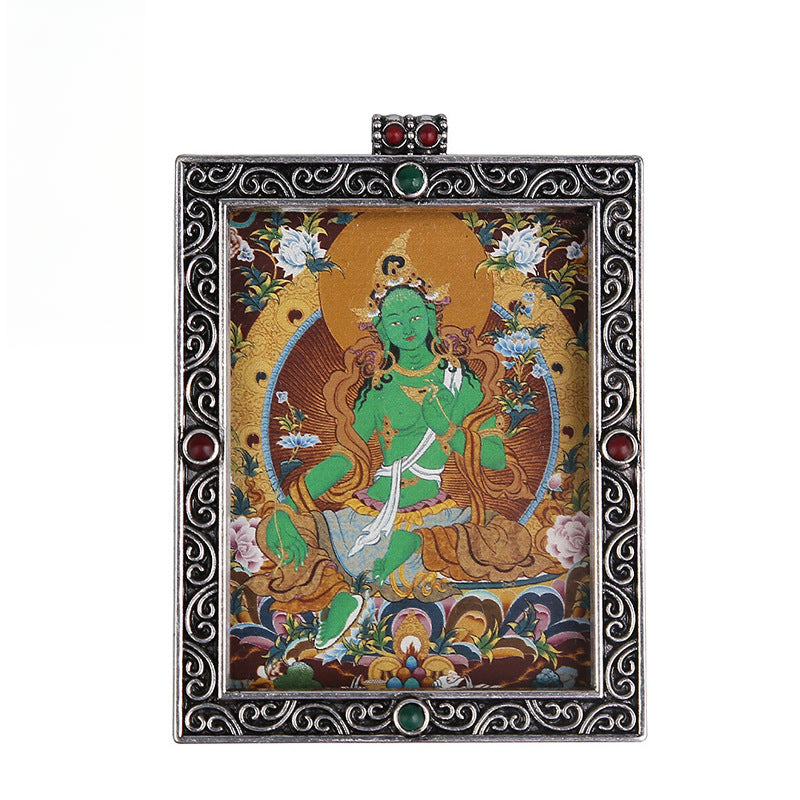 Metal Mini Thangka Box Pendant – Nepalese Wealth God, Green Tara & Four-Armed Avalokiteshvara Silver Pendant