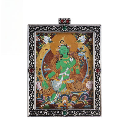 Metal Mini Thangka Box Pendant – Nepalese Wealth God, Green Tara & Four-Armed Avalokiteshvara Silver Pendant