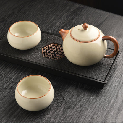 Beige Ru Kiln Tea Set - 3-Piece Gongfu Ceramic Set with Teapot & Cups (Tea Tray Included)