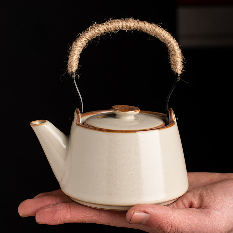 Yellow Ru Kiln Arch-Handle Teapot - Handcrafted Crackle Glaze Ceramic (250ml, 13x14cm)