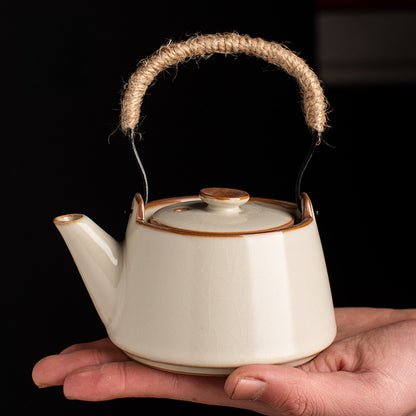 Yellow Ru Kiln Arch-Handle Teapot - Handcrafted Crackle Glaze Ceramic (250ml, 13x14cm)