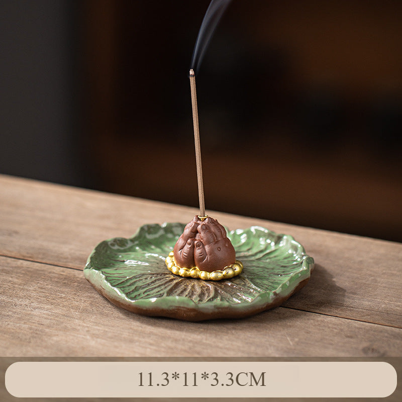 Ceramic Frog Incense Holder with Lotus Leaf Base - Cute Home Decor for Sticks Incense, Tea Table & Meditation (Handcrafted)