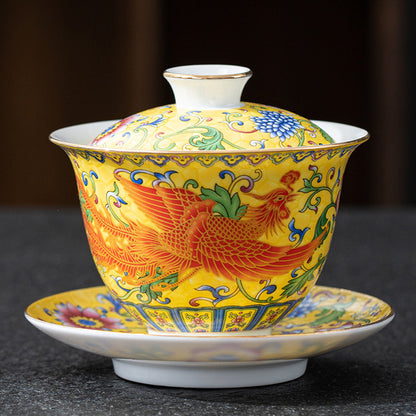 Imperial Style Cloisonné Gaiwan - Handcrafted Enamel Three-Element Tea Bowl with Gold Trim (190ml Capacity)