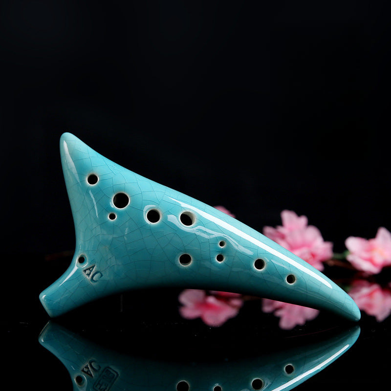 12-Hole Alto C Ocarina with Curved Tail - Hand-Painted Crackle Glaze Design (19x10x6cm, 450g) Includes Music Sheet, Neck Strap & Fabric Case