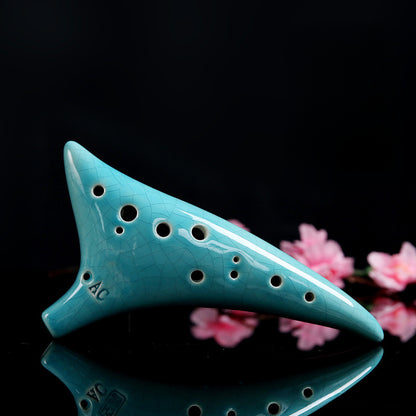 12-Hole Alto C Ocarina with Curved Tail - Hand-Painted Crackle Glaze Design (19x10x6cm, 450g) Includes Music Sheet, Neck Strap & Fabric Case