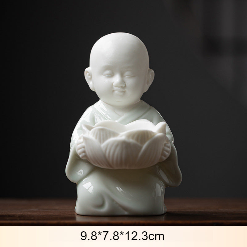 Zen Monk Ceramic Figurine with Lotus Candle Holder - Handcrafted Chinese Meditation Decor (9.8x7.8x12.3cm)