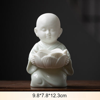 Zen Monk Ceramic Figurine with Lotus Candle Holder - Handcrafted Chinese Meditation Decor (9.8x7.8x12.3cm)