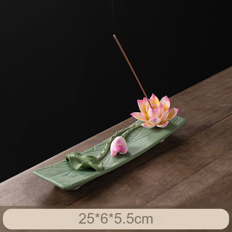 Handmade Ceramic Lotus Incense Holder - Flat-Lying Zen Decor for Tea Table with Non-Slip Base
