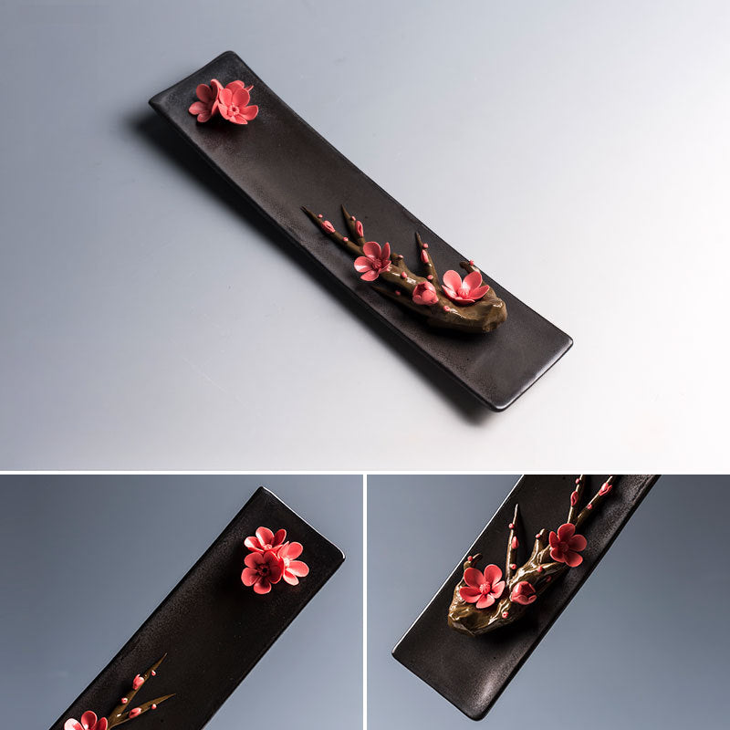 Handmade Floral Ceramic Incense Holder – Home Zen Aromatherapy Burner for Sticks (Includes Free Sandalwood)
