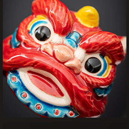 Lion Head Ceramic Incense Holder with Wood Base - Auspicious Animal Zen Decor (7x6x6cm, 10cm Wood Stand)