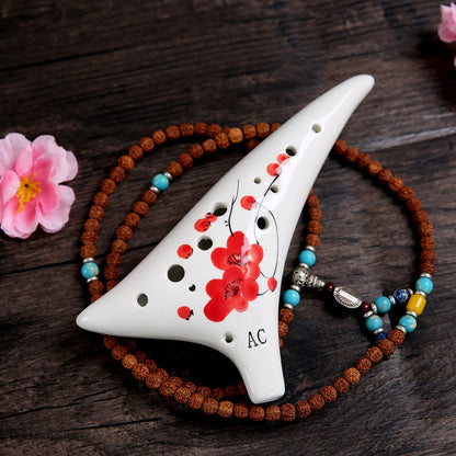12-Hole Alto C Ocarina with Curved Tail - Hand-Painted Crackle Glaze Design (19x10x6cm, 450g) Includes Music Sheet, Neck Strap & Fabric Case