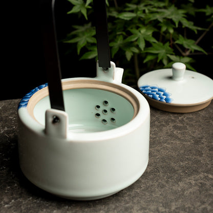 Ru Kiln Arch-Handle Teapot - Large 400ml Crackle Glaze Ceramic with Floral Design (14.5x11x17cm)