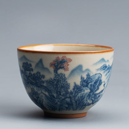Ru Kiln Blue & White Tea Cup - Handcrafted Crackle Glaze Ceramic with Cobalt Design (Owner's Cup)