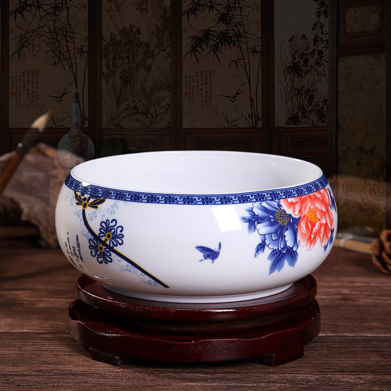 Large Blue-and-White Ceramic Multi-Use Bowl - Hand-Painted Under Glaze Design for Ashtray/Tea Wash/Cup Cleaning (Jingdezhen Porcelain)