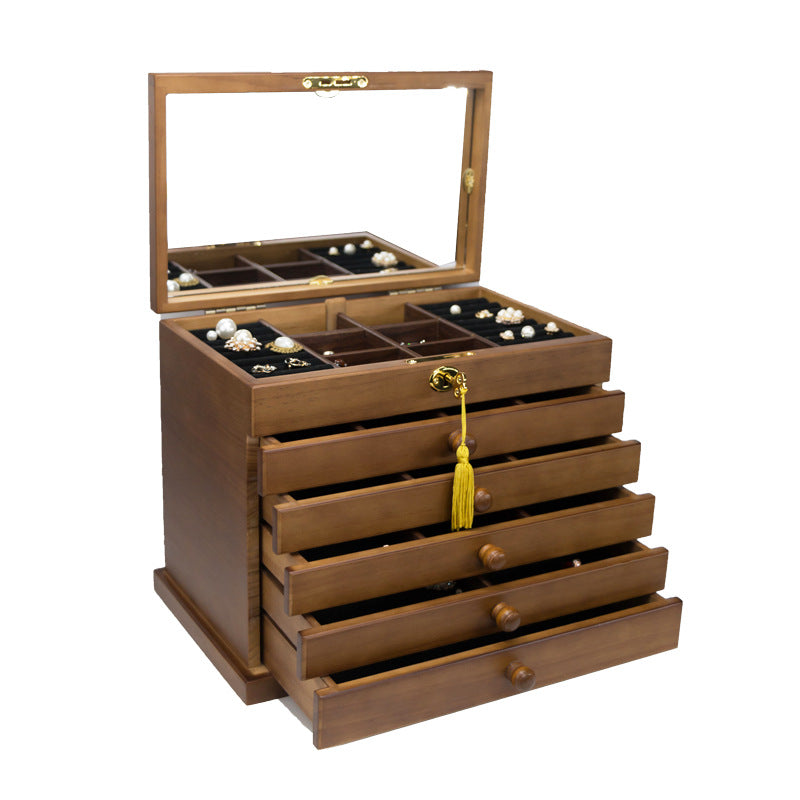 Vintage Wooden Jewelry Box with Lock - Multi-Layer Princess Style Jewelry Organizer
