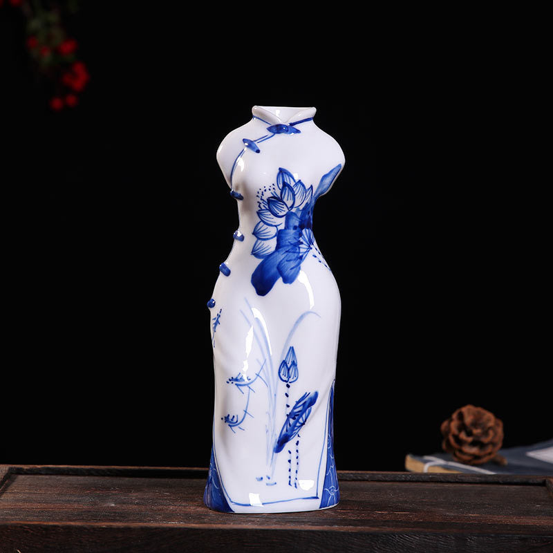 Hand-Painted Blue & White Porcelain Qipao Figurine - Jingdezhen Ceramic Decor (2 Sizes: 21cm/35cm, Underglaze Design)