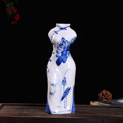 Hand-Painted Blue & White Porcelain Qipao Figurine - Jingdezhen Ceramic Decor (2 Sizes: 21cm/35cm, Underglaze Design)