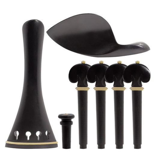 Elegant 4/4 Violin Fittings Set - Ebony with Boxwood Inlay Tailpiece, Pegs, Endpin, and Chin Rest