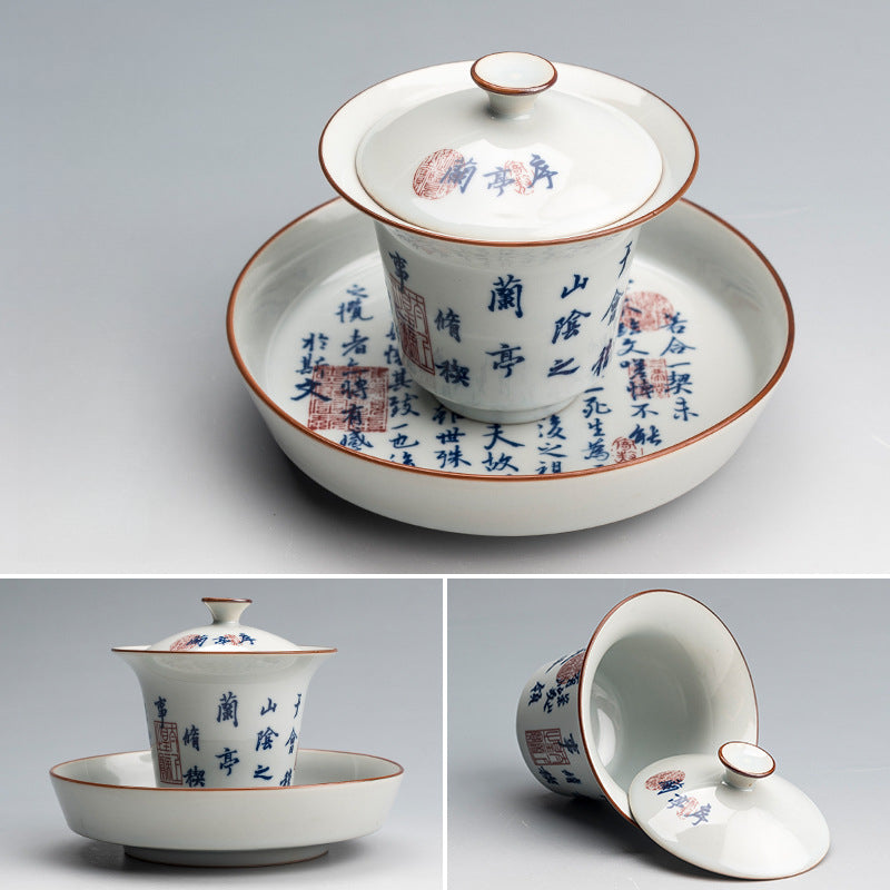 Blue & White "Orchid Pavilion" Tea Bowl - Handcrafted Ceramic Gongfu Tea Set with Tray (150ml, 9.5x9cm)