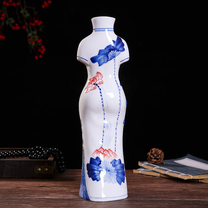 Hand-Painted Blue & White Porcelain Qipao Figurine - Jingdezhen Ceramic Decor (2 Sizes: 21cm/35cm, Underglaze Design)