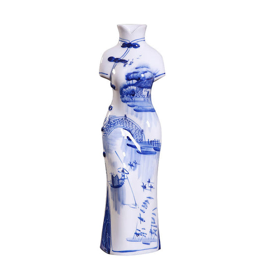 Hand-Painted Blue & White Porcelain Qipao Figurine - Jingdezhen Ceramic Decor (2 Sizes: 21cm/35cm, Underglaze Design)