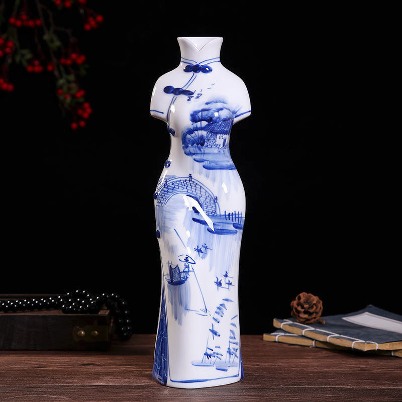 Hand-Painted Blue & White Porcelain Qipao Figurine - Jingdezhen Ceramic Decor (2 Sizes: 21cm/35cm, Underglaze Design)