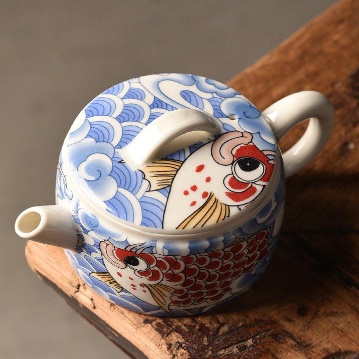 Blue & White Dragon Gate Hanwa Teapot - Ceramic Gongfu Teapot with Koi Fish Design (150ml/200ml Options)